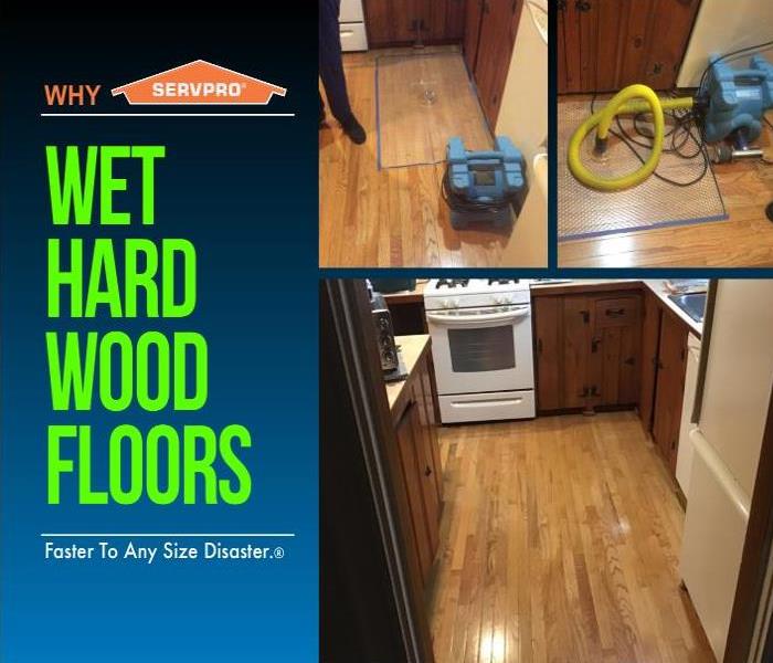 text on the left with pictures of the Injectdry system drying hardwood kitchen floors