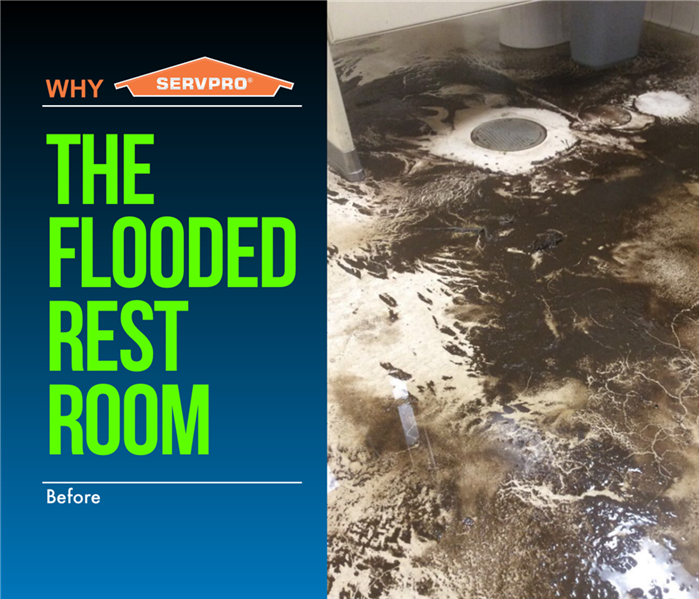 text on the left picture of flooded bathroom floor on the right