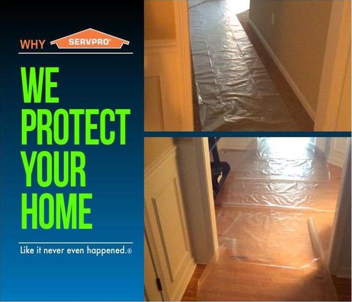 text on the left with two images of hardwood flooring protected by coverings