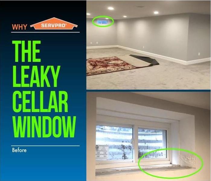 First picture is a finished basement with carpeting leaky window is circled second image is a close-up of leaky window   